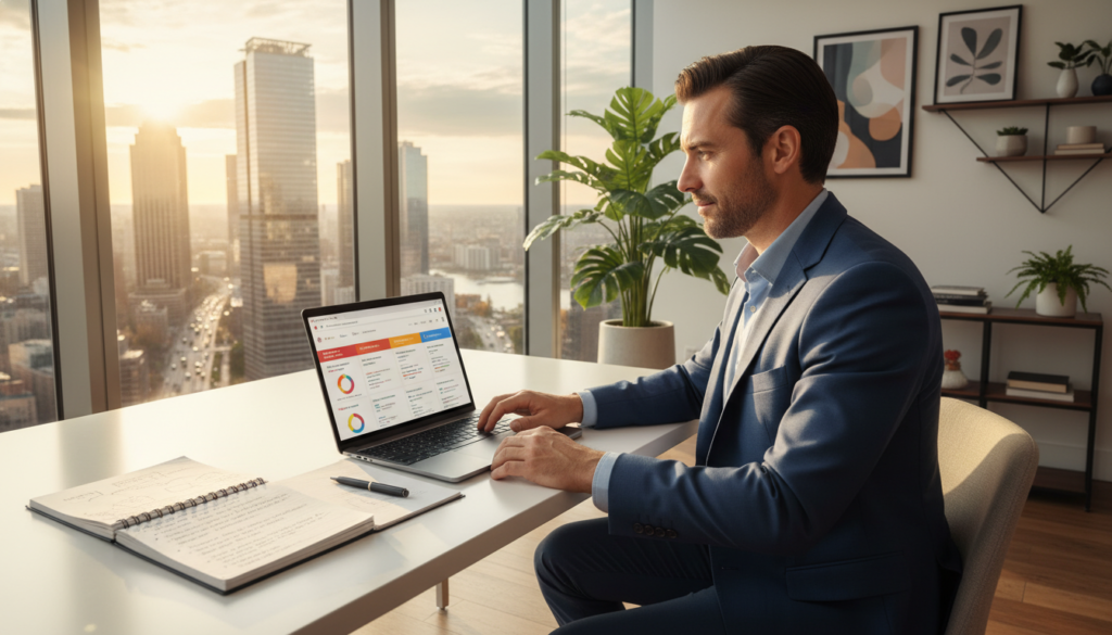 A modern office scene depicting a professional in business attire, seated at a sleek desk with a laptop open, displaying a Google Ads dashboard filled with various ad campaigns. In the foreground, a notepad filled with marketing strategies and insights. The middle ground features a large window with a view of a bustling city skyline, symbolizing limitless opportunities. Soft, natural lighting floods the room, creating a warm atmosphere that inspires productivity. The background includes potted plants and modern decor, emphasizing a contemporary workspace. The overall mood is vibrant yet focused, capturing the essence of making money online through Google Ads without requiring a personal website. The image should have a clean composition, with no text or logos present.