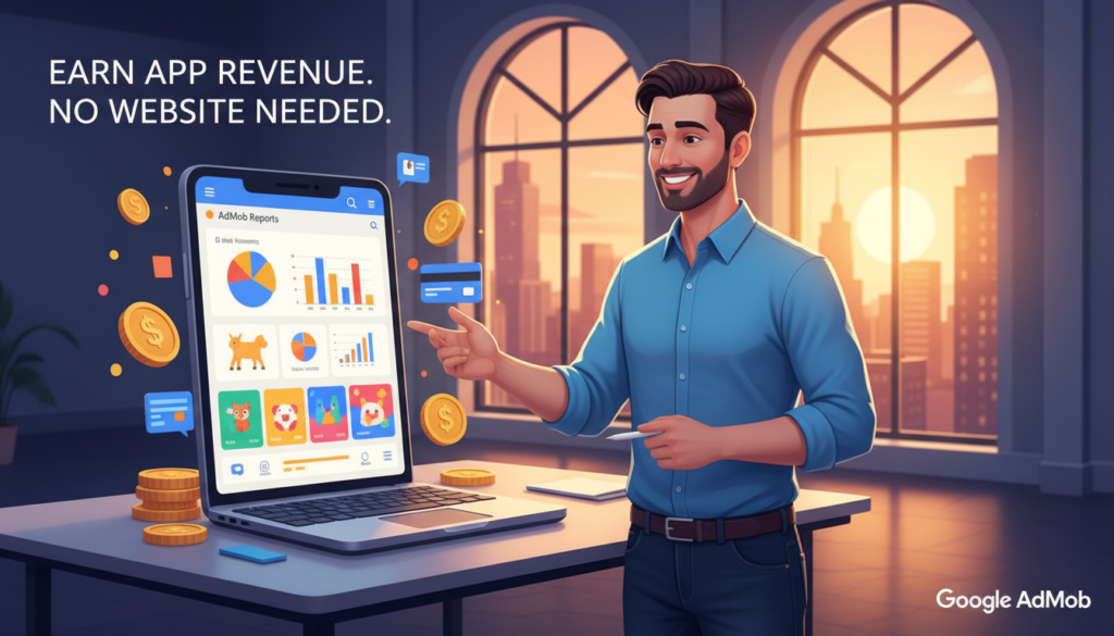 A vibrant digital workspace showcasing the concept of earning app revenue through Google AdMob. In the foreground, a modern smartphone displays colorful app advertisements featuring playful graphics. Surrounding the phone are various financial symbols like coins and dollar signs, hinting at revenue generation. The middle ground includes an upbeat professional, dressed in smart casual attire, analyzing app metrics on a laptop. The background features a sleek office environment with soft, warm lighting that creates an inviting atmosphere. A large window reveals a city skyline bathed in golden hour sunlight, adding depth to the scene. The overall mood is optimistic and entrepreneurial, emphasizing the potential for success without needing a website.