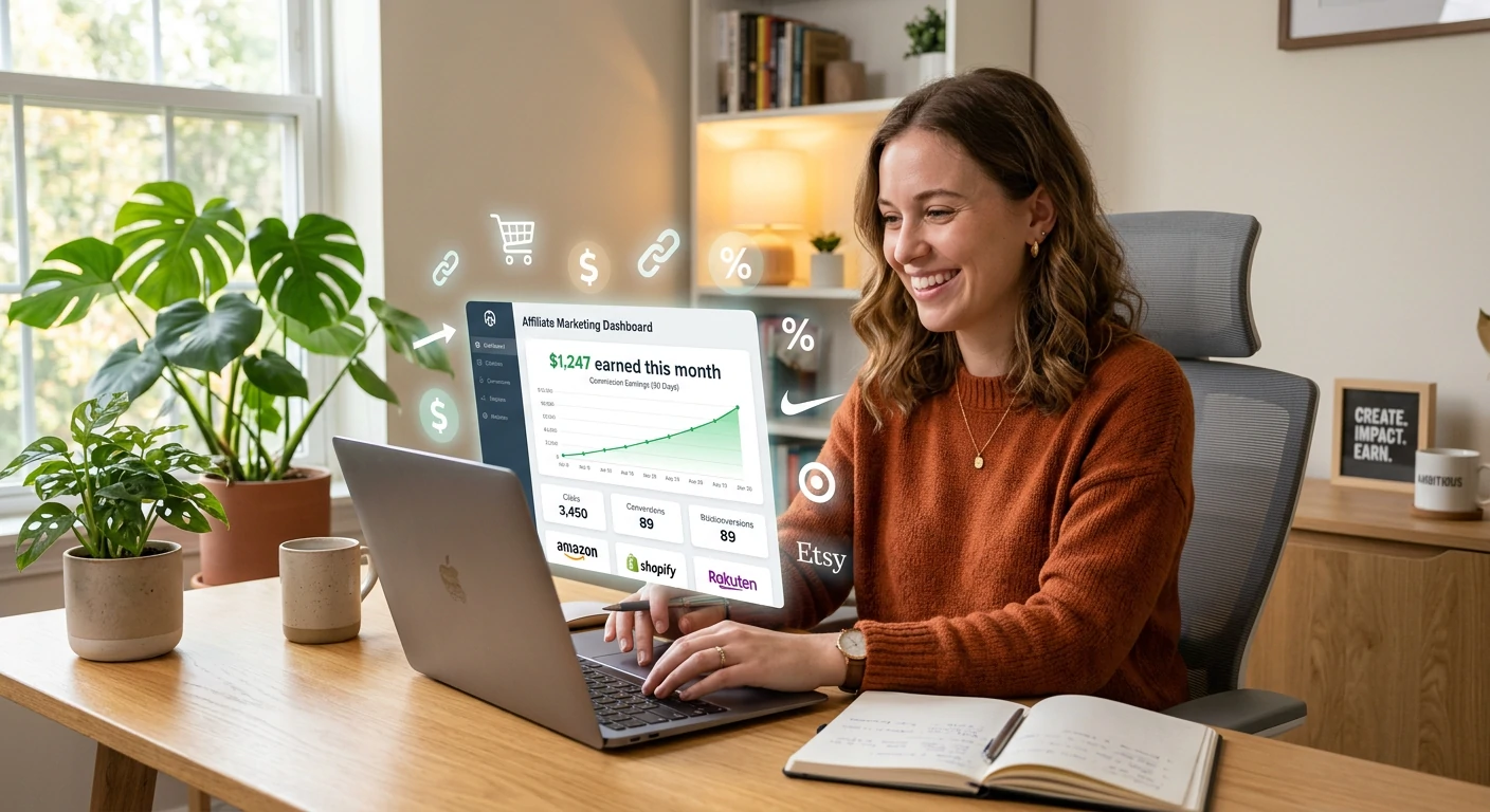 Beginner earning commissions through affiliate programs for beginners on a laptop dashboard in 2026