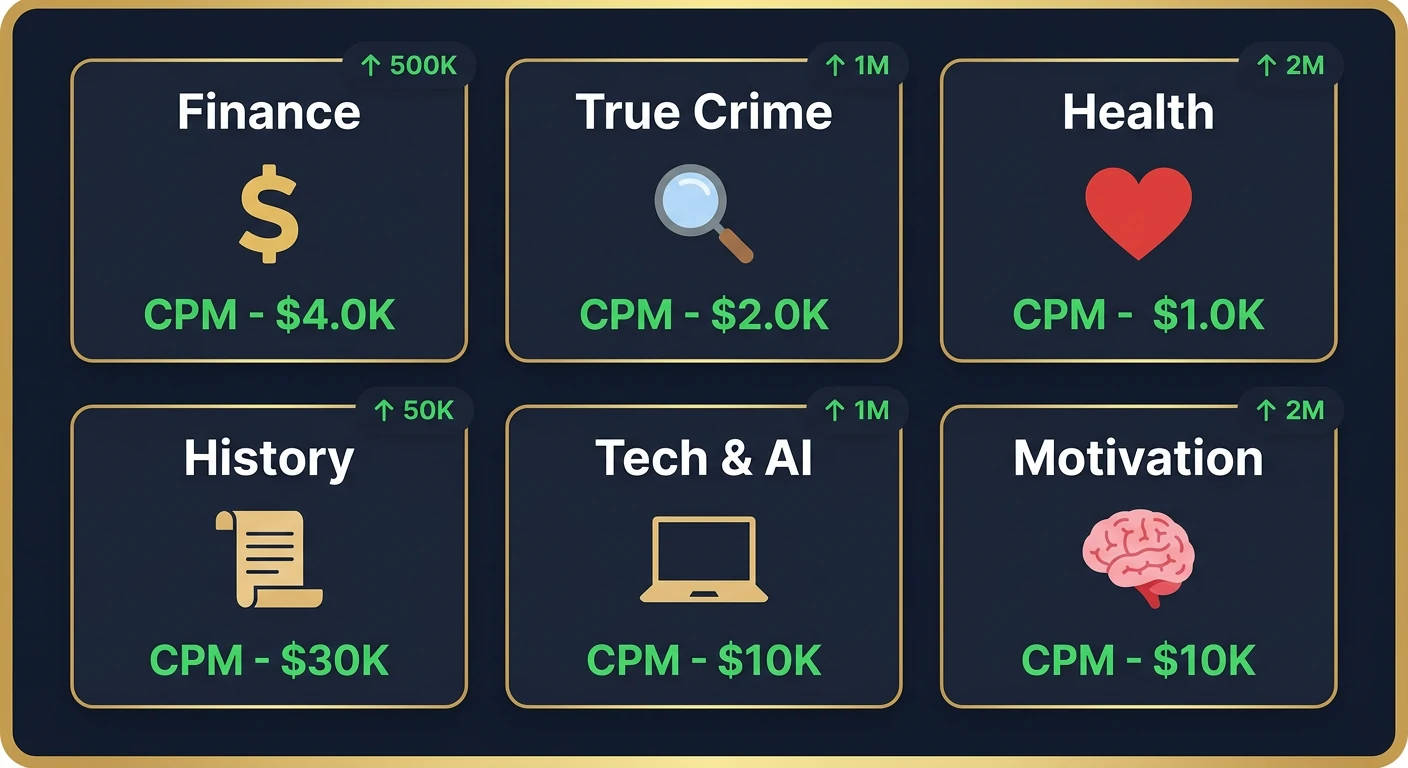 Best YouTube automation niches in 2026 showing CPM rates and earning potential for faceless channels

