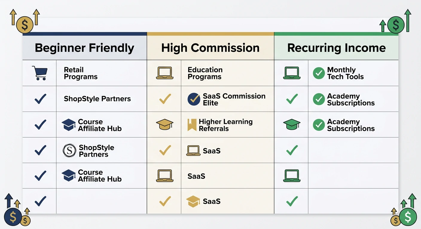 Comparison chart of the best affiliate programs for beginners showing commission rates and approval difficulty

