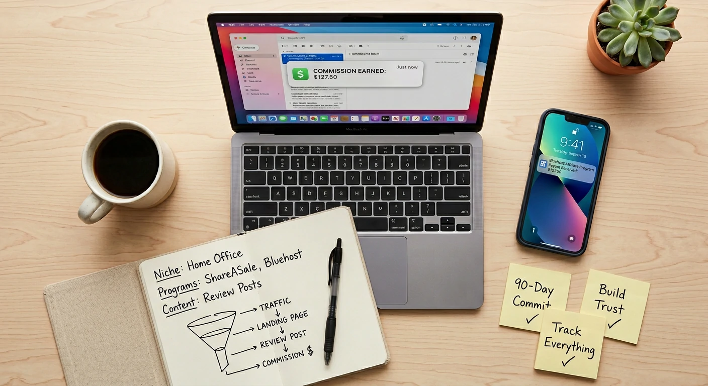 Beginner affiliate marketing action plan workspace showing commission notification and 90-day strategy notes