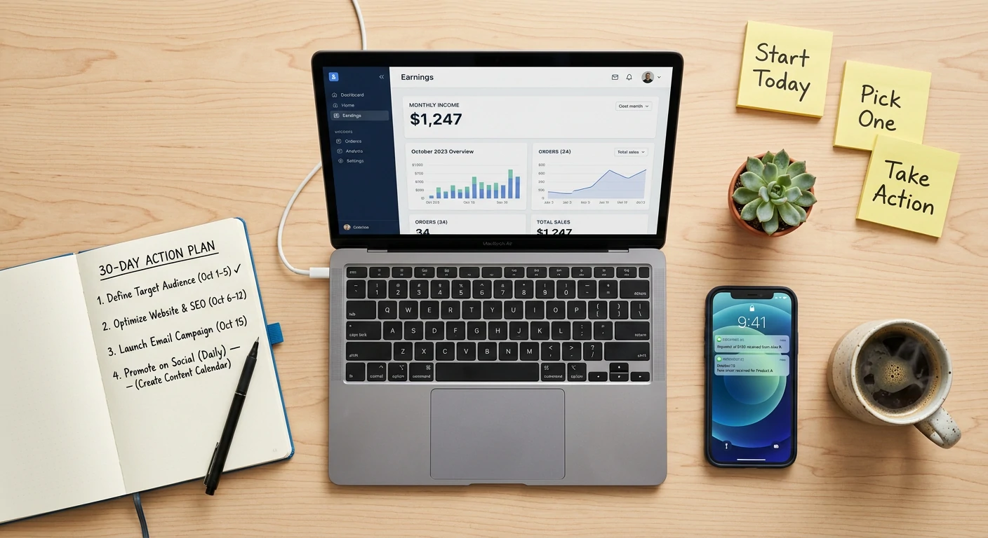 30-day action plan workspace for earning money online with AI tools in 2026 