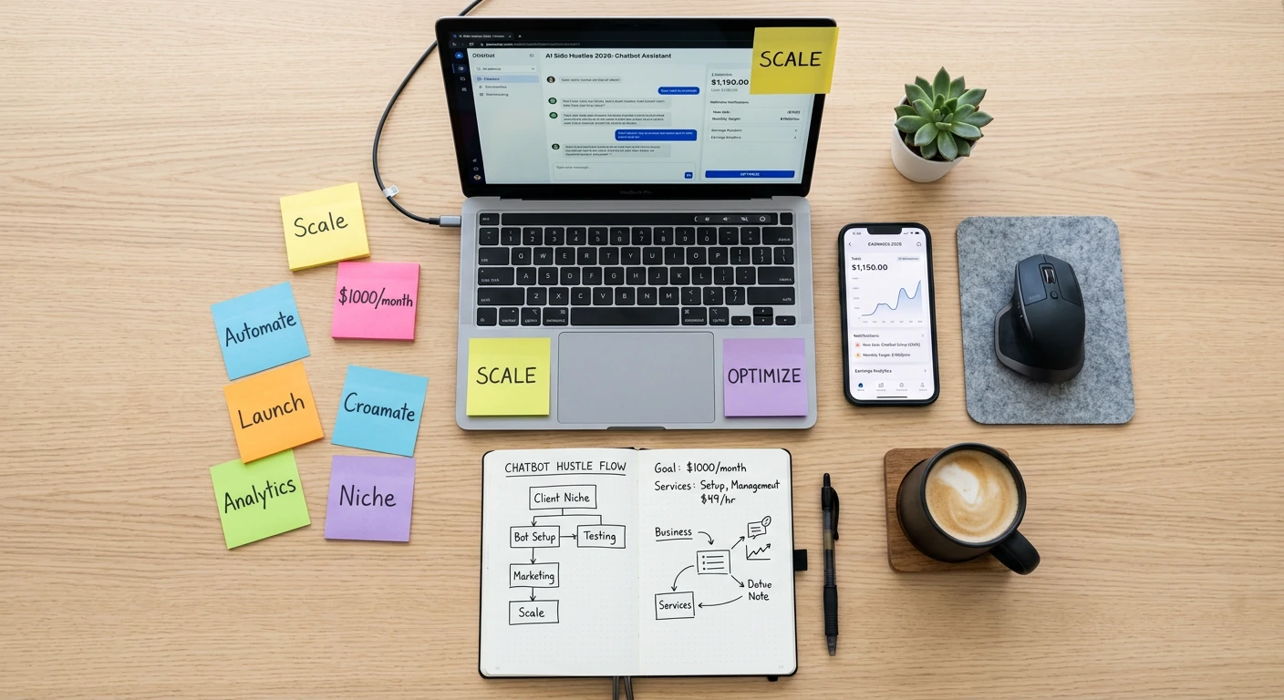 AI side hustles 2026 workspace with chatbot tools, earnings dashboard, and business planning notes