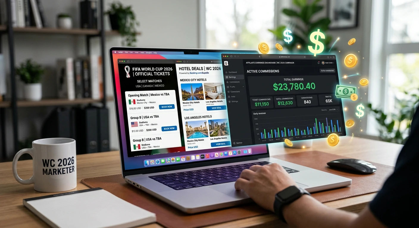 Affiliate marketing World Cup 2026 showing ticket booking platforms, travel deals, and online earnings dashboard