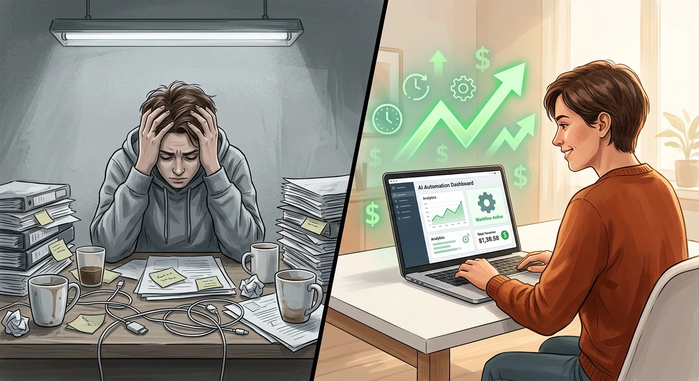 Before and after comparison of working manually versus using AI tools to make money with AI