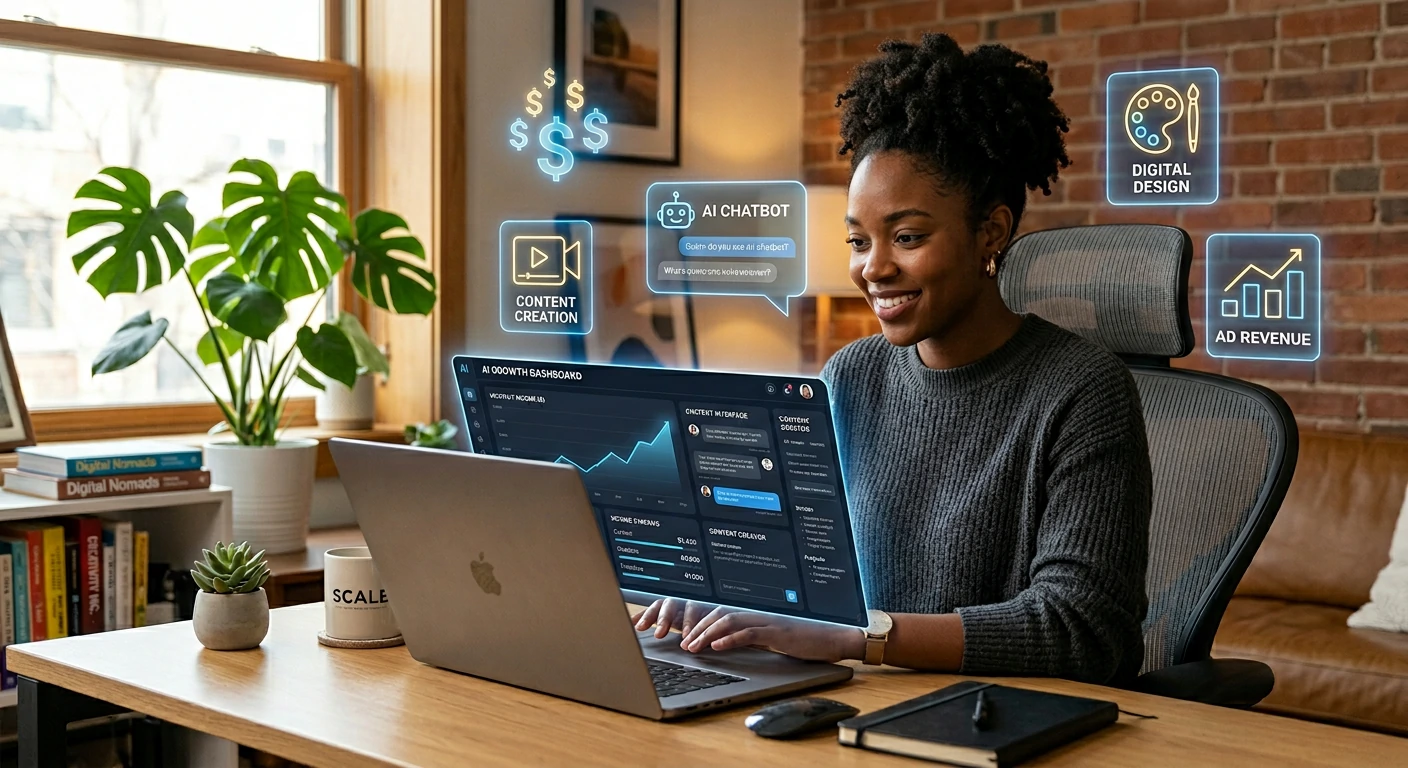 Person making money with AI tools from a modern home office setup in 2026