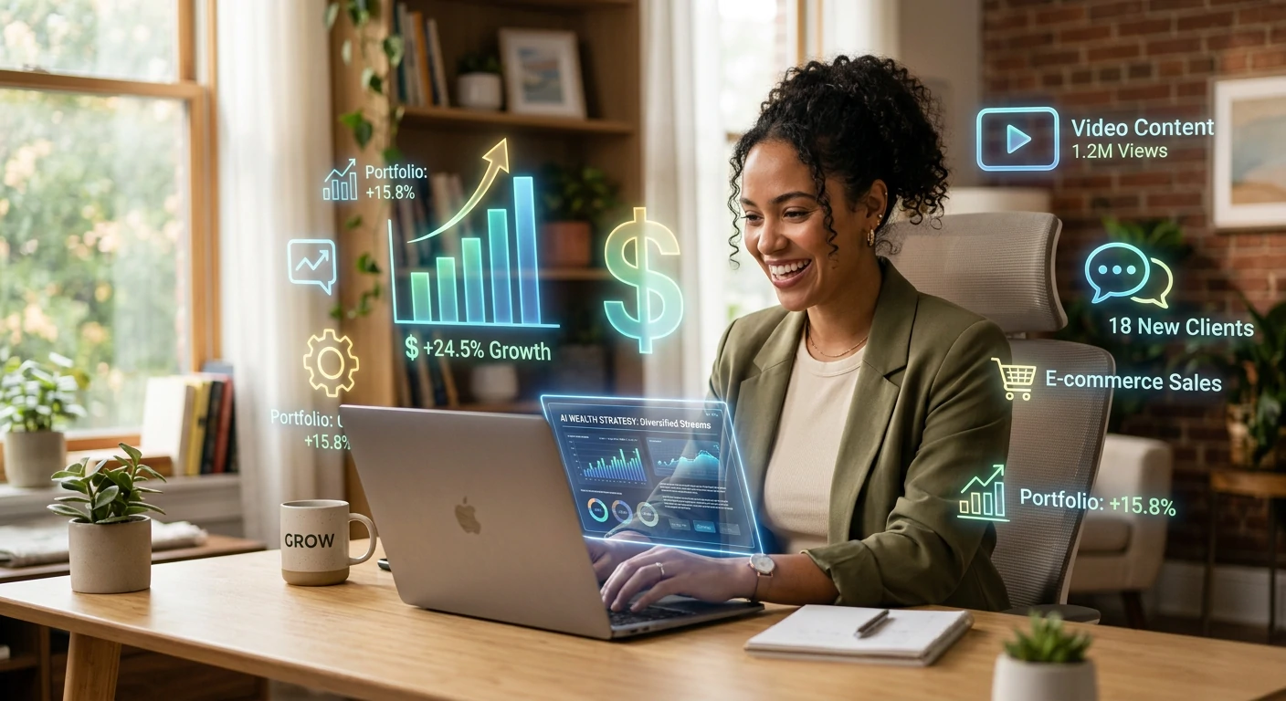 Person working on AI side hustles 2026 from a home office with multiple income stream icons