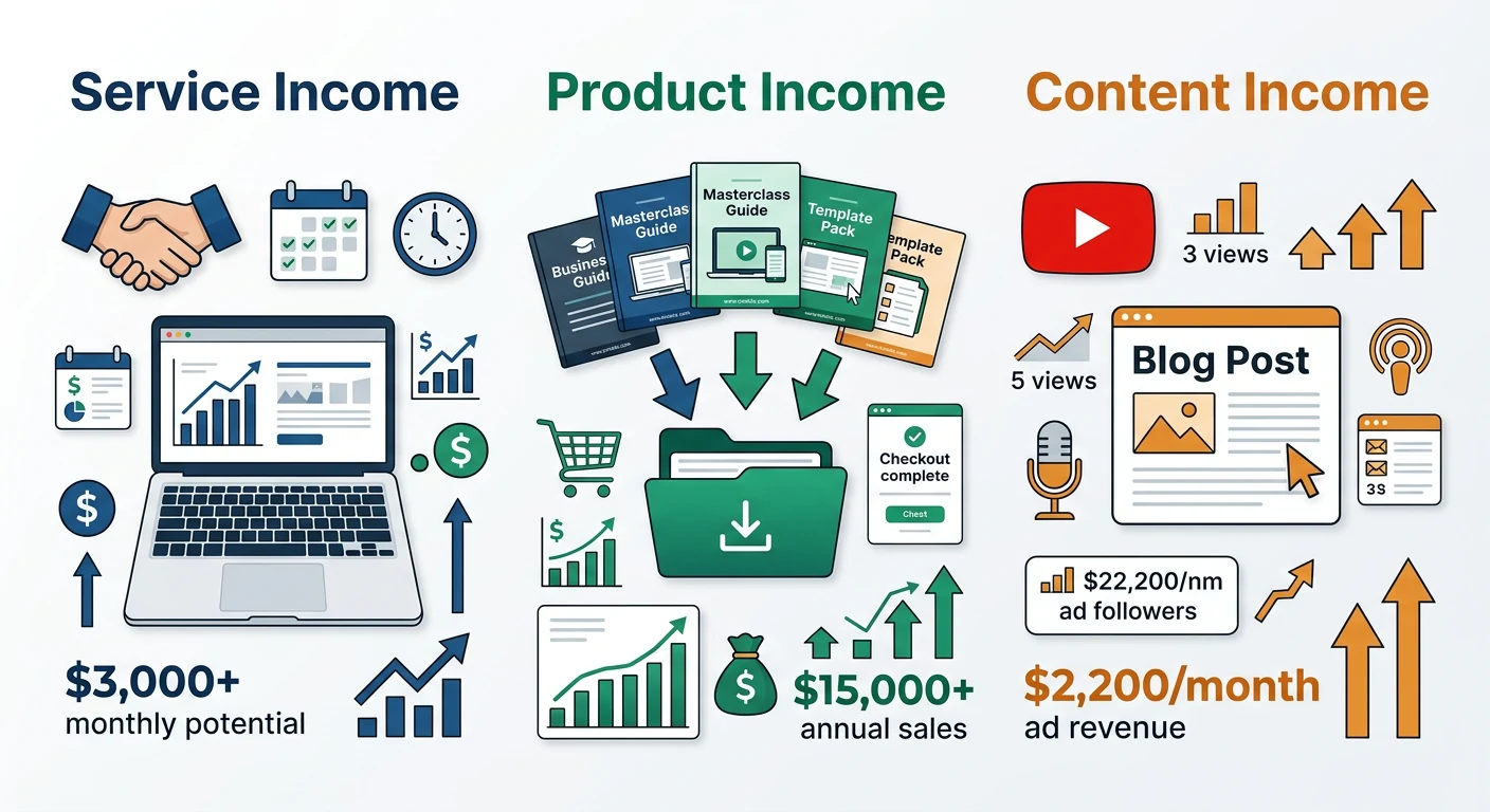 Three core ways to make money with AI tools including service income, product income, and content income