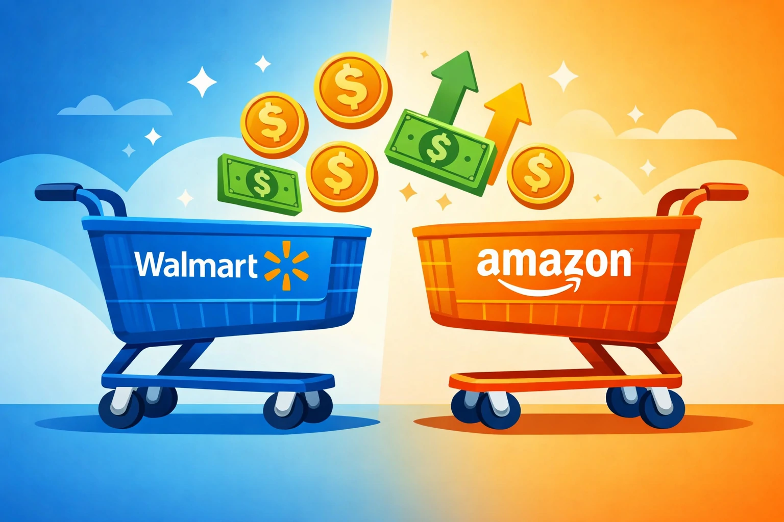 Walmart Affiliate vs Amazon Associates comparison illustration with shopping carts and money icons