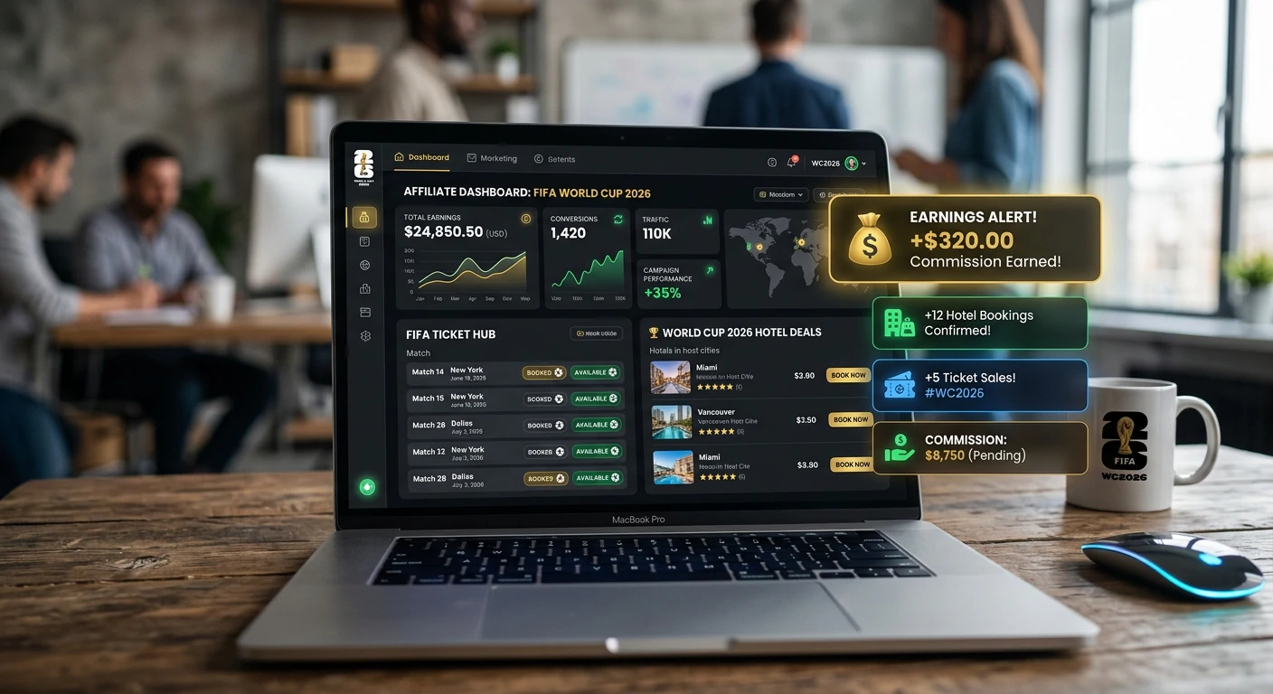 Football tickets booking websites, hotel deals, and earnings notifications popping up, FIFA World Cup 2026 theme